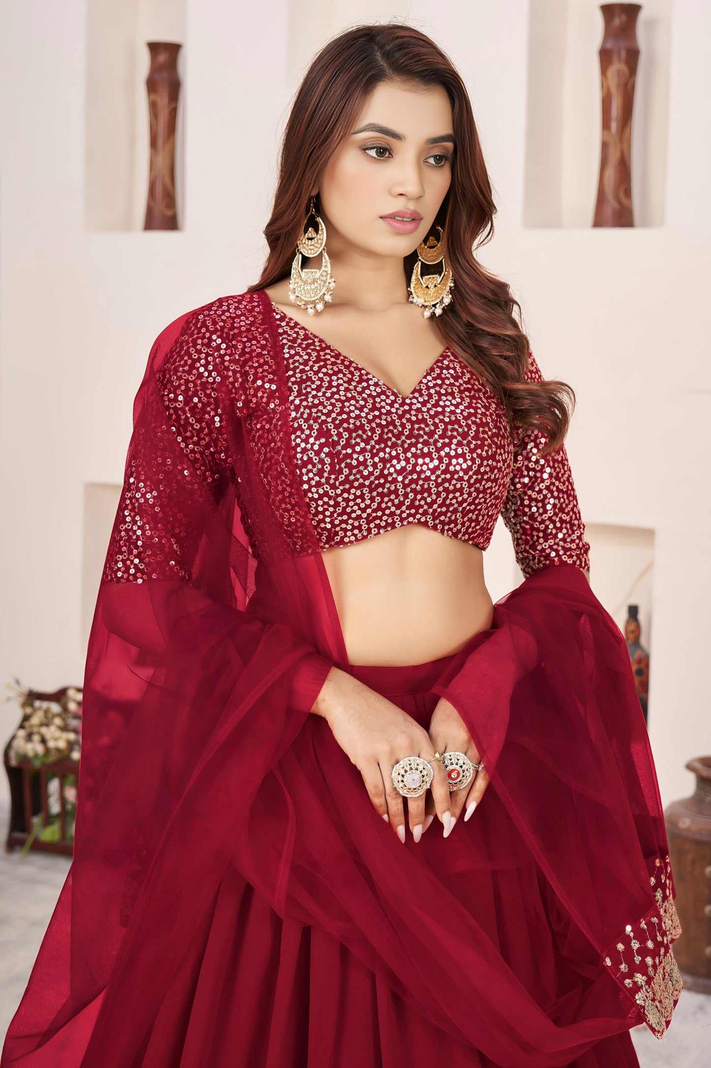 Charming Red Embroidered Georgette Lehenga Choli with Soft Net Dupatta