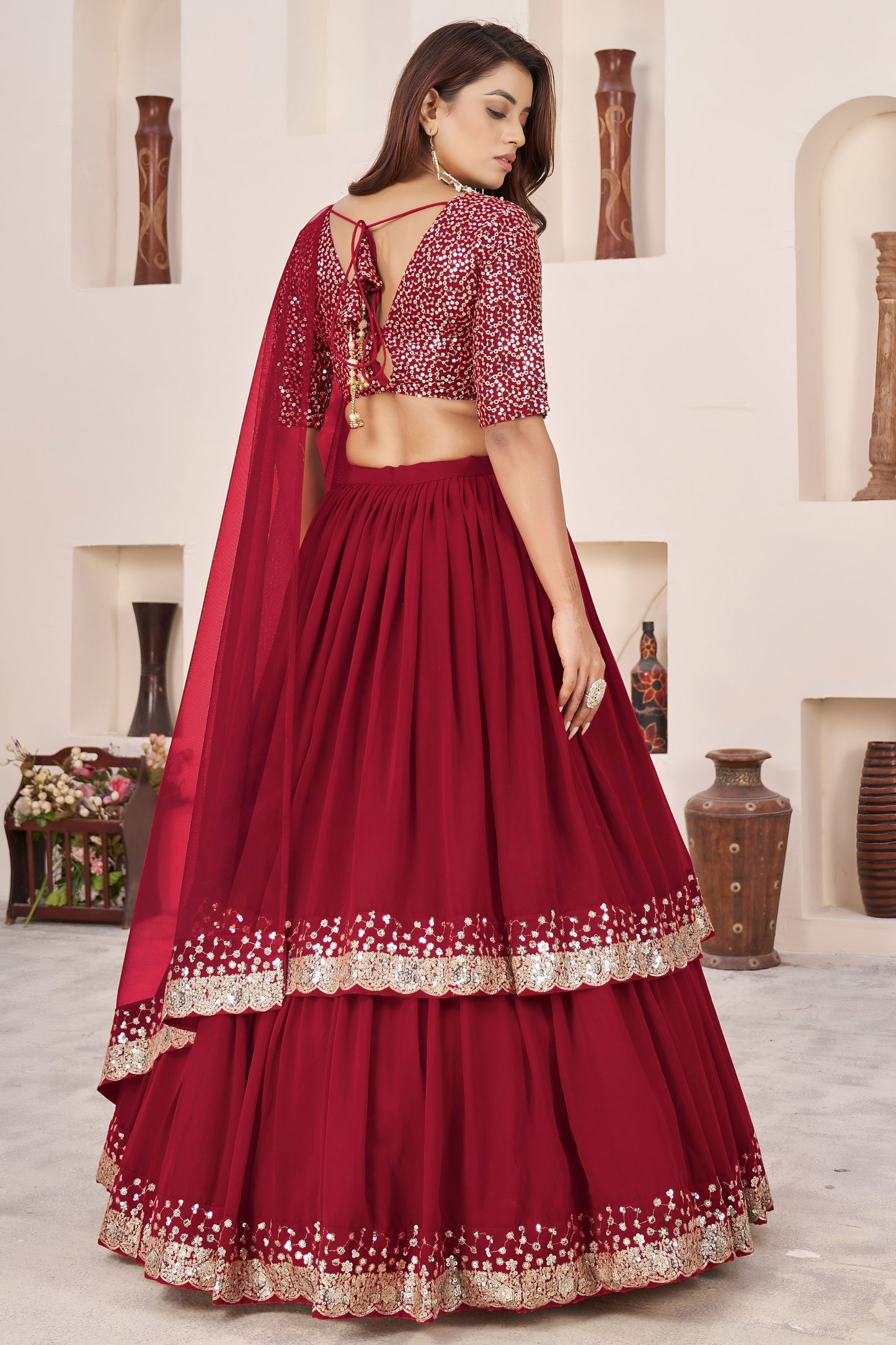 Charming Red Embroidered Georgette Lehenga Choli with Soft Net Dupatta