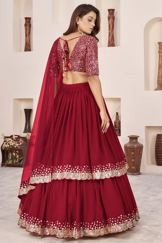Charming Red Embroidered Georgette Lehenga Choli with Soft Net Dupatta