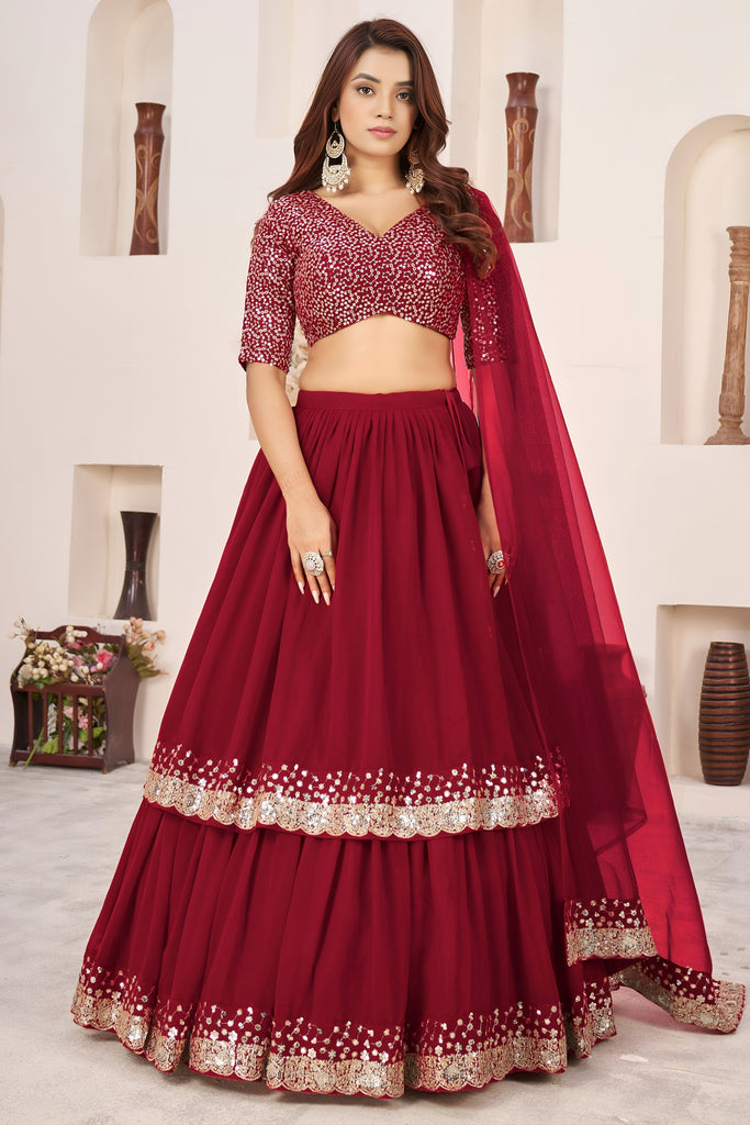 Charming Red Embroidered Georgette Lehenga Choli with Soft Net Dupatta