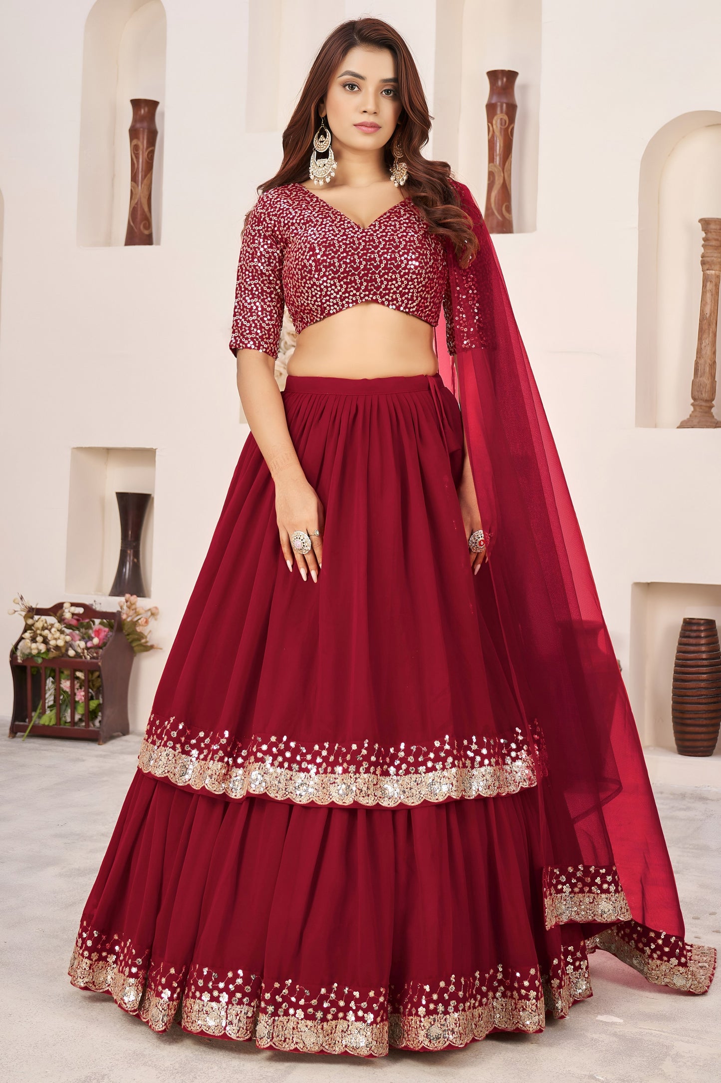 Charming Red Embroidered Georgette Lehenga Choli with Soft Net Dupatta