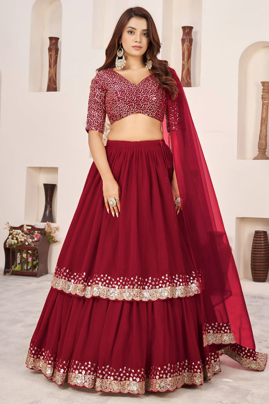 Charming Red Embroidered Georgette Lehenga Choli with Soft Net Dupatta