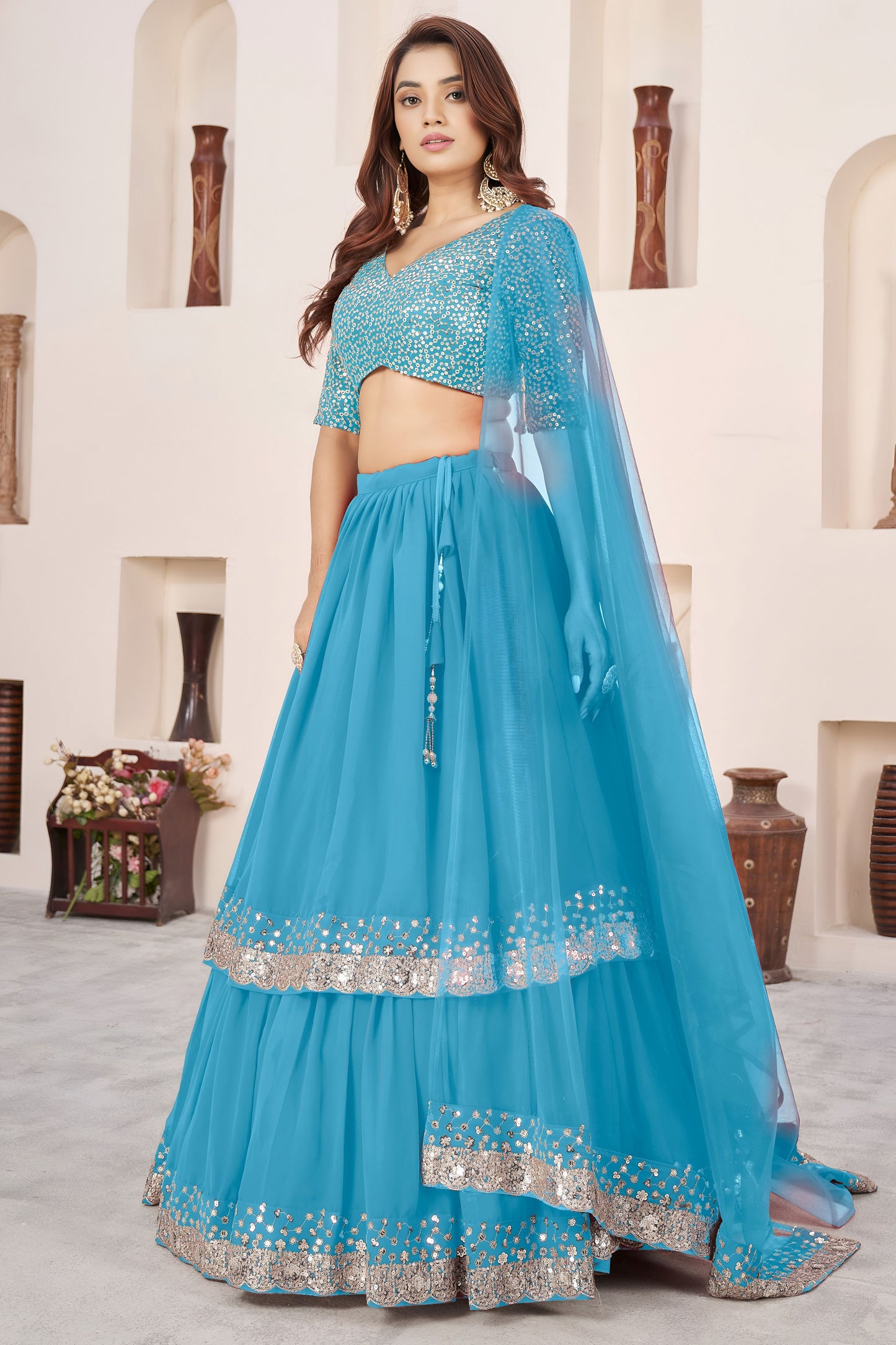 Glorious Sky Blue Embroidered Georgette Lehenga Choli with Soft Net Dupatta