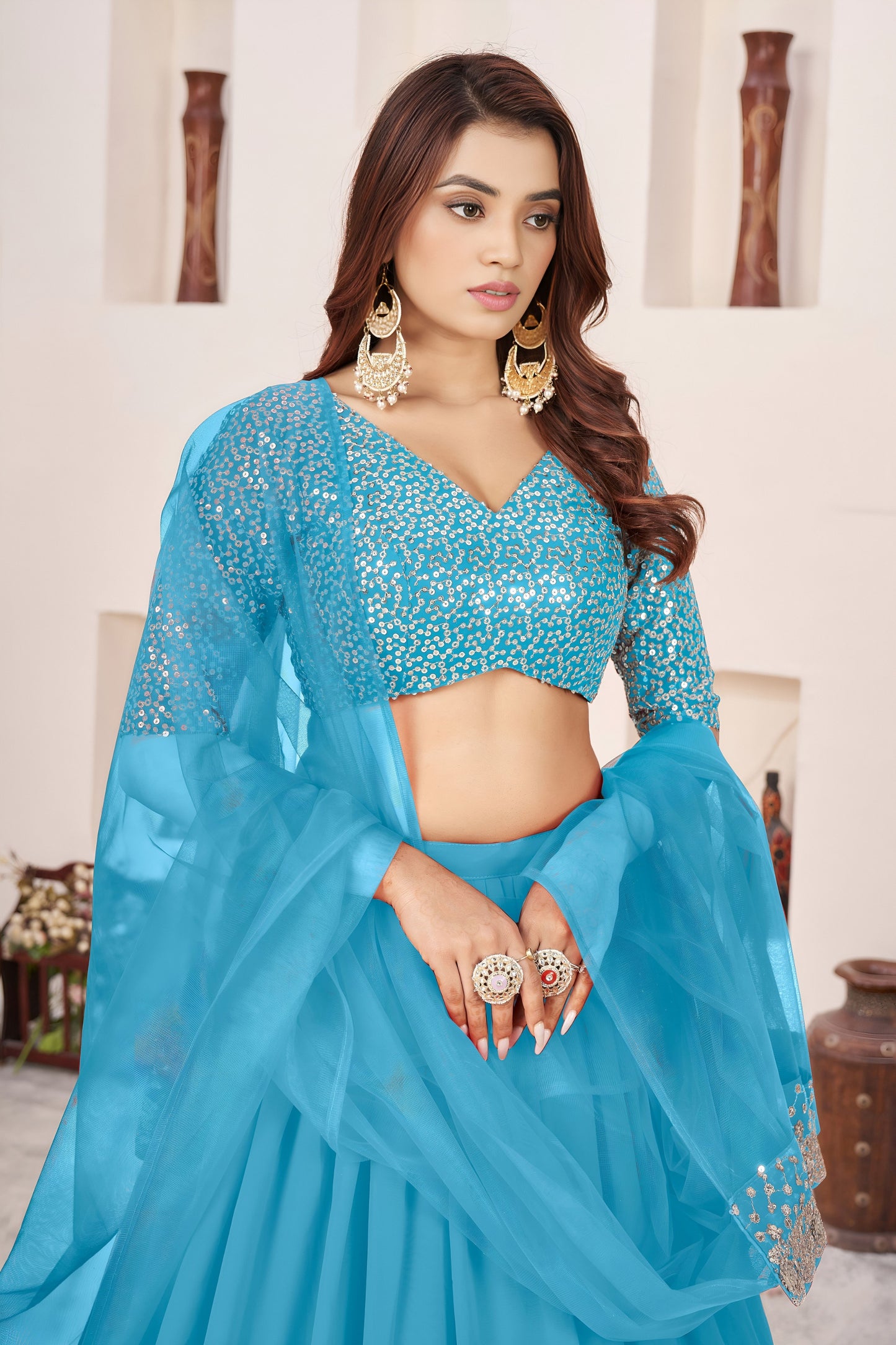 Glorious Sky Blue Embroidered Georgette Lehenga Choli with Soft Net Dupatta
