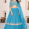 Glorious Sky Blue Embroidered Georgette Lehenga Choli with Soft Net Dupatta