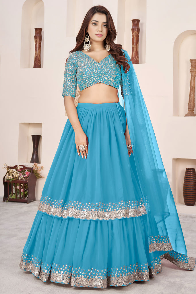 Glorious Sky Blue Embroidered Georgette Lehenga Choli with Soft Net Dupatta