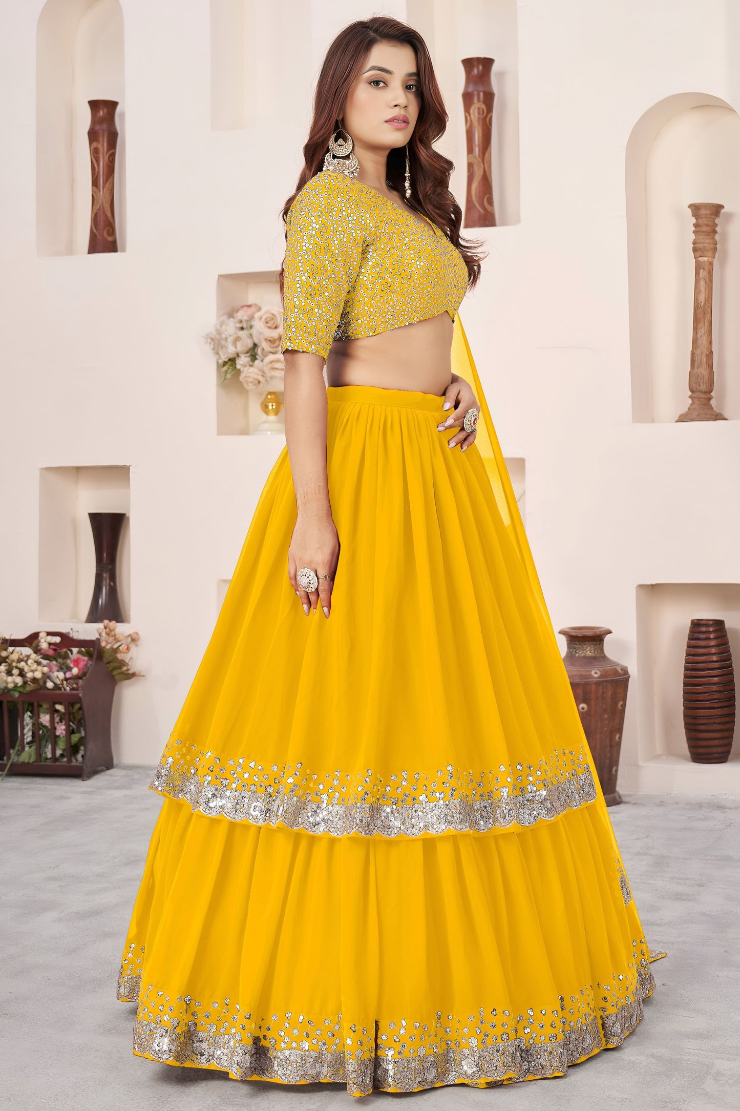Vibrant Mustard Yellow Embroidered Georgette Lehenga Choli with Soft Net Dupatta