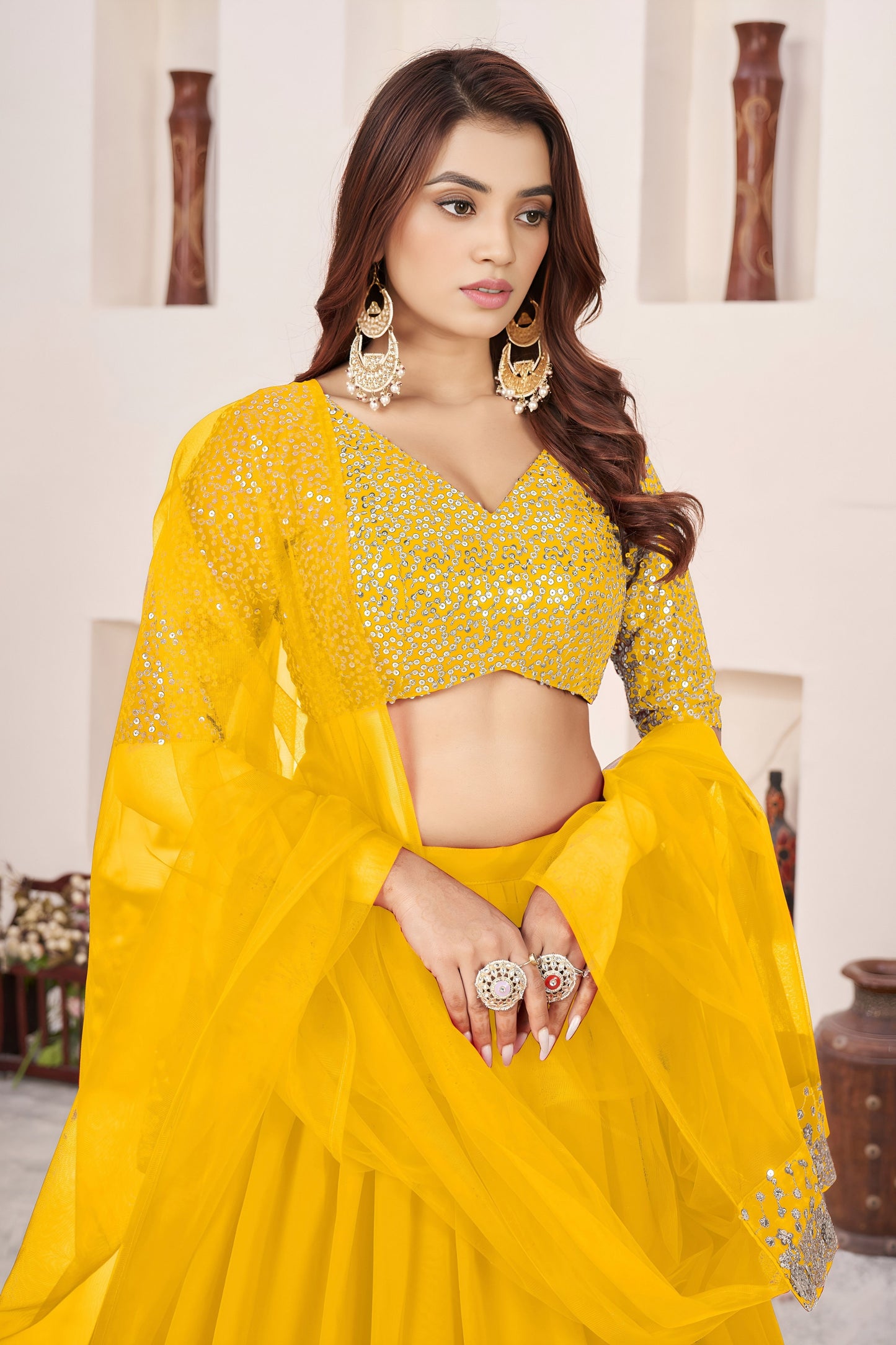 Vibrant Mustard Yellow Embroidered Georgette Lehenga Choli with Soft Net Dupatta