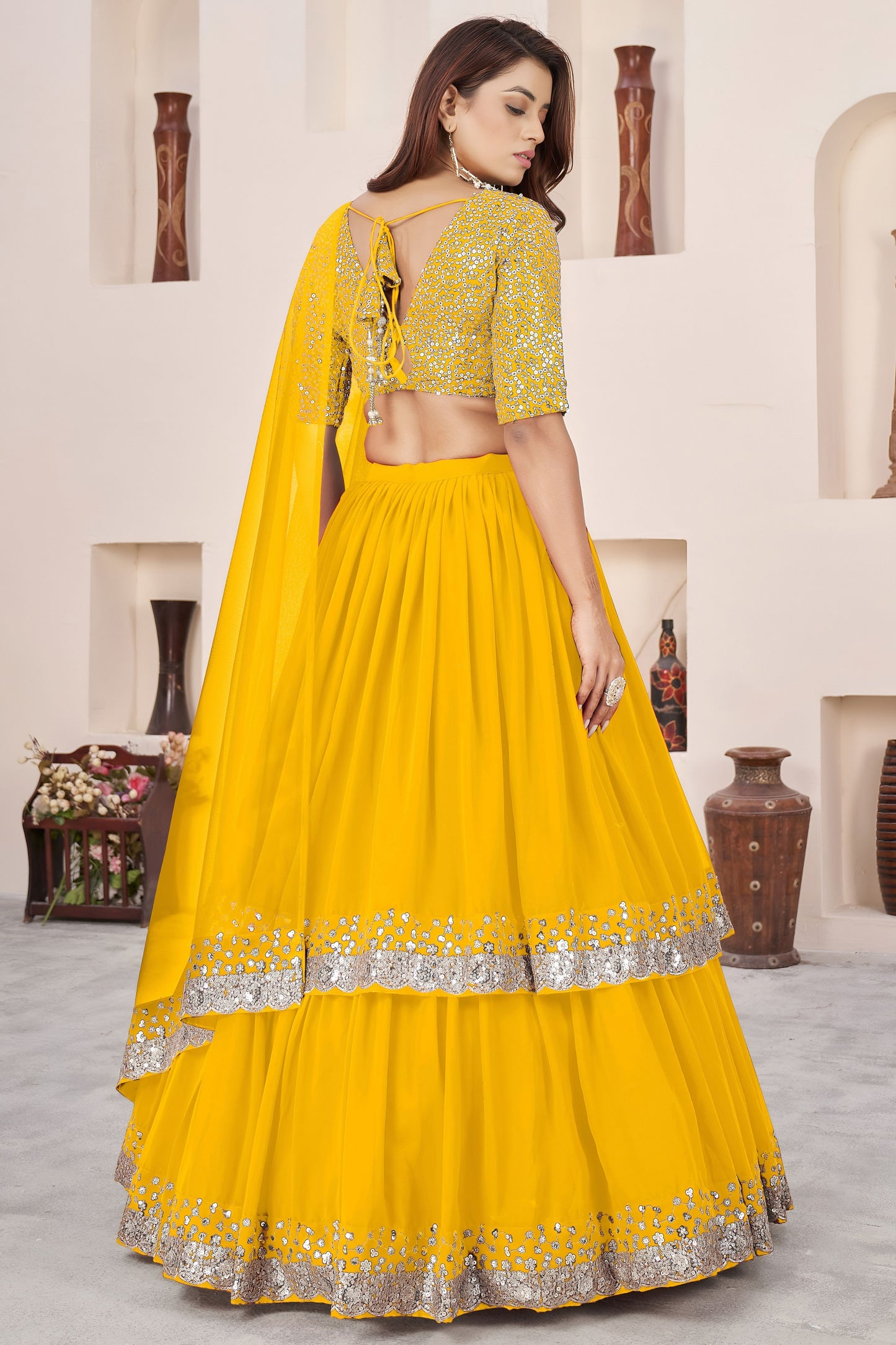Vibrant Mustard Yellow Embroidered Georgette Lehenga Choli with Soft Net Dupatta