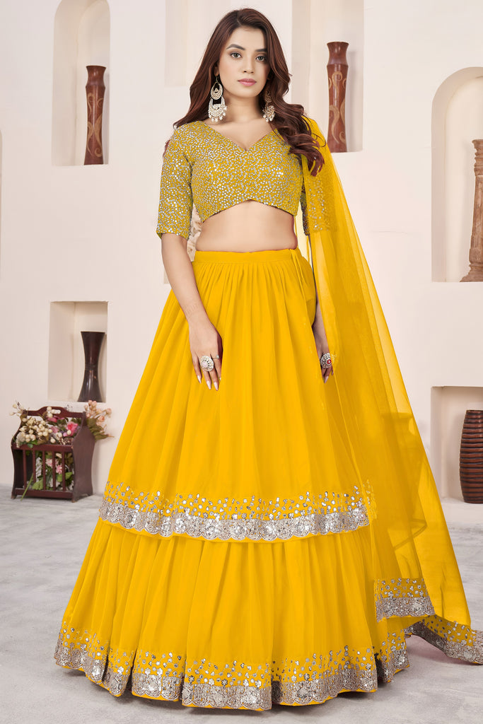 Vibrant Mustard Yellow Embroidered Georgette Lehenga Choli with Soft Net Dupatta