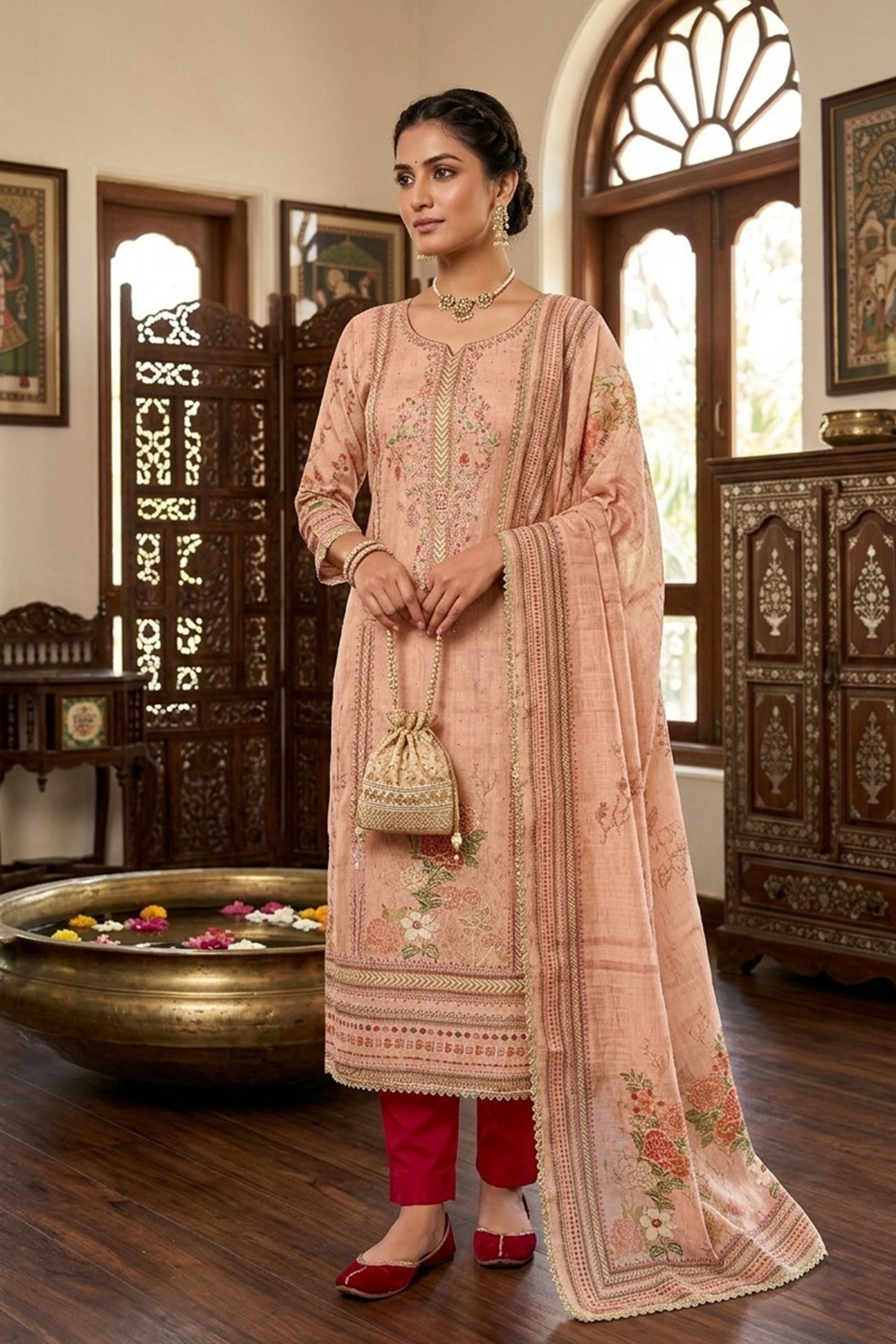 Premium Peach Floral Printed Viscose Straight Salwar Suit with Dupatta