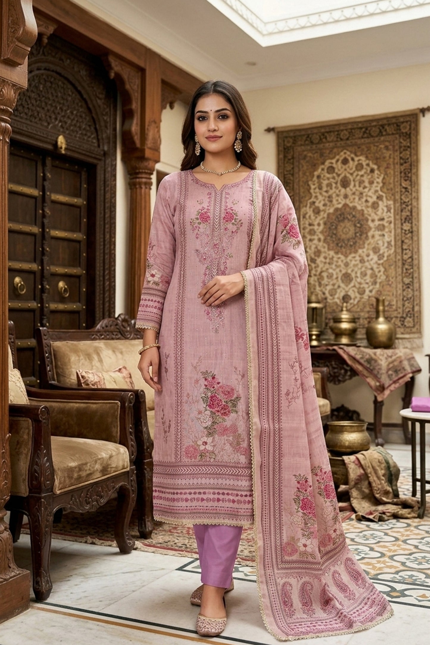 Stylish Purple Floral Printed Viscose Straight Salwar Suit with Dupatta