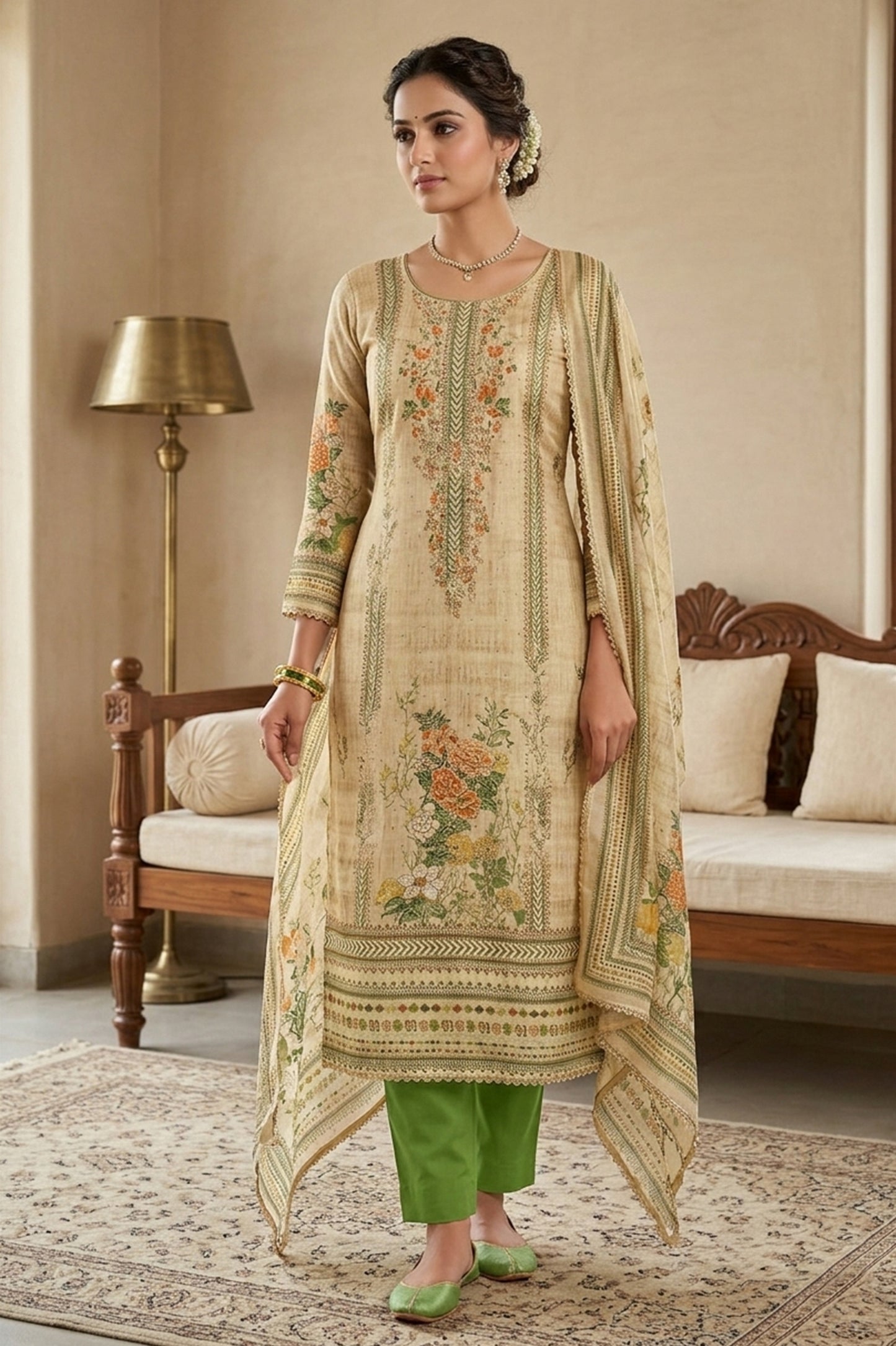Festive Beige Floral Printed Viscose Straight Salwar Suit with Dupatta
