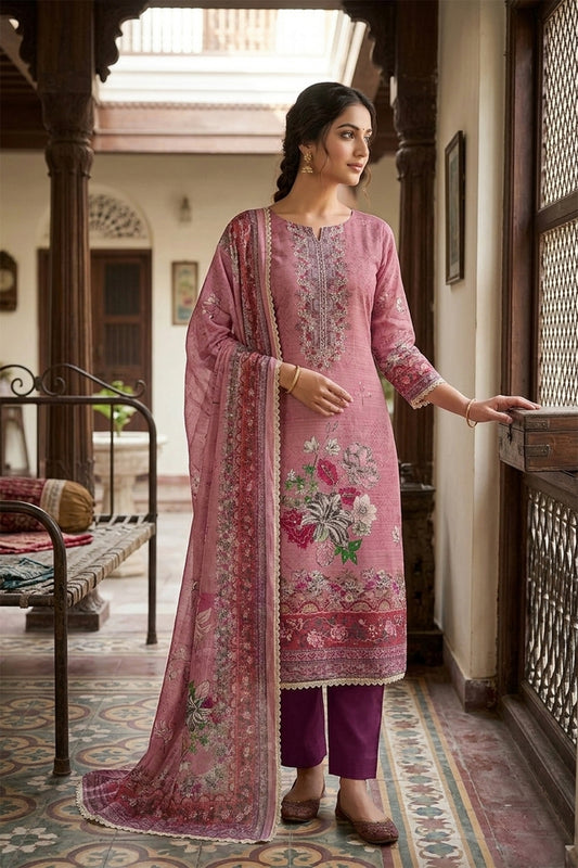 Graceful Rose Pink Floral Printed Viscose Straight Salwar Suit with Dupatta