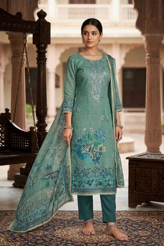 Amazing Teal Green Floral Printed Viscose Straight Salwar Suit with Dupatta