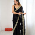 Black Net Saree Heavy Gold Embroidered Border Designer Saree