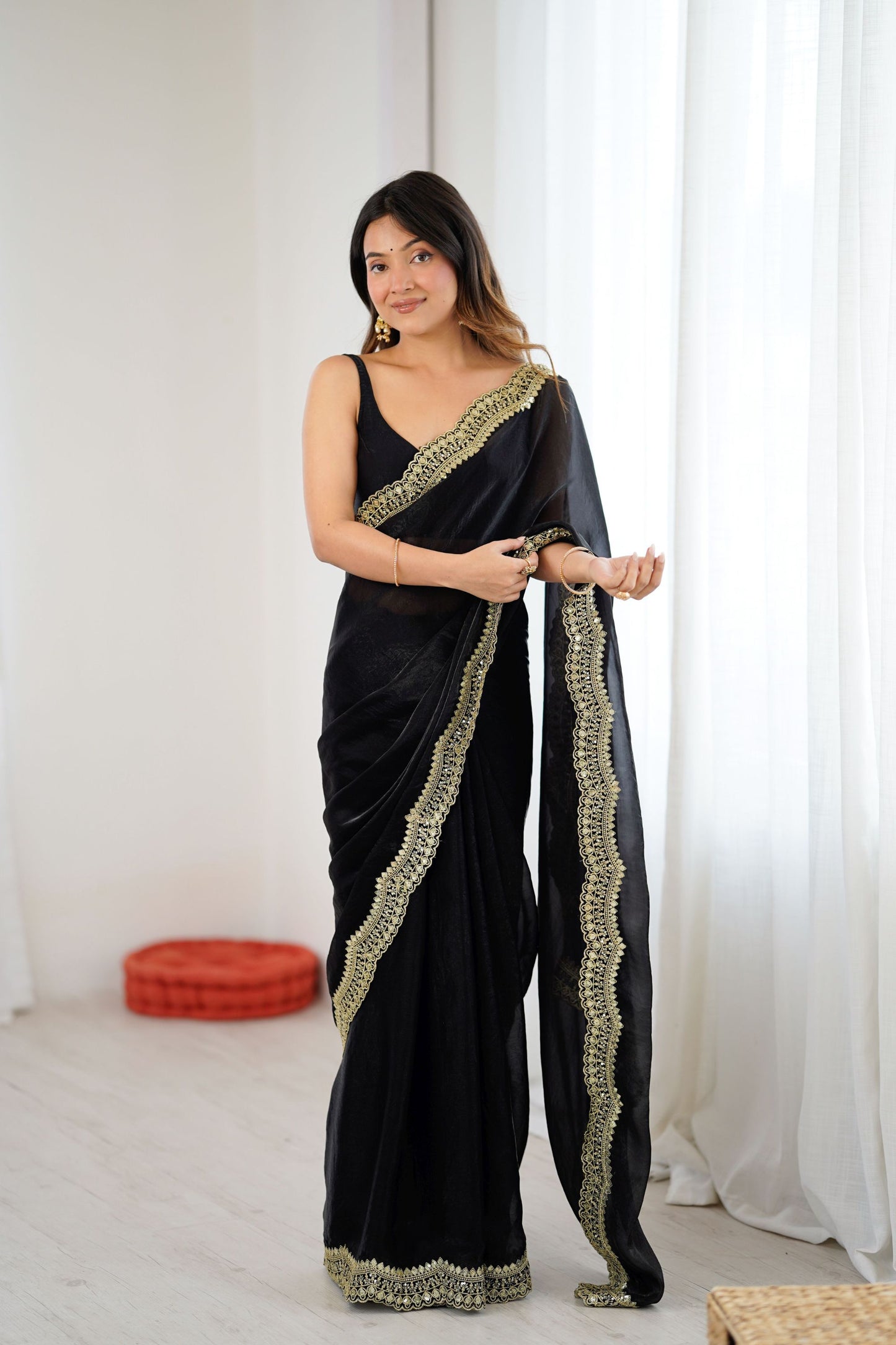 Black Net Saree Heavy Gold Embroidered Border Designer Saree