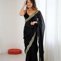 Black Net Saree Heavy Gold Embroidered Border Designer Saree 