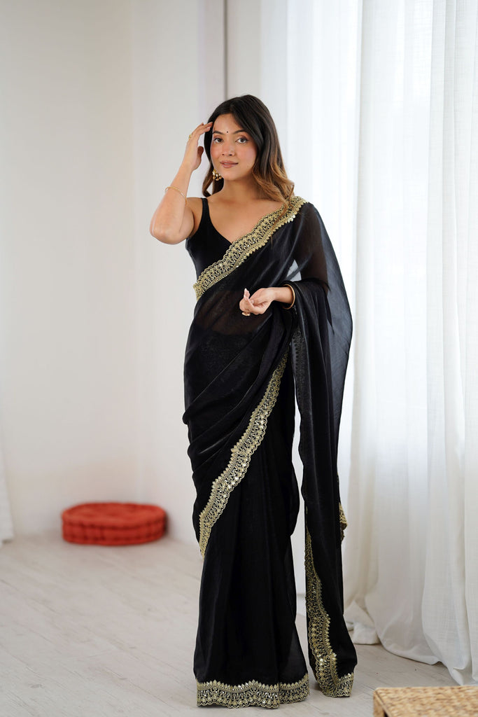 Black Net Saree Heavy Gold Embroidered Border Designer Saree 