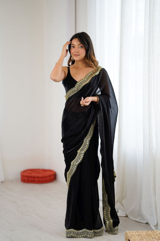Black Net Saree Heavy Gold Embroidered Border Designer Saree 
