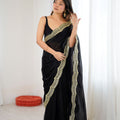 Black Net Saree Heavy Gold Embroidered Border Designer Saree