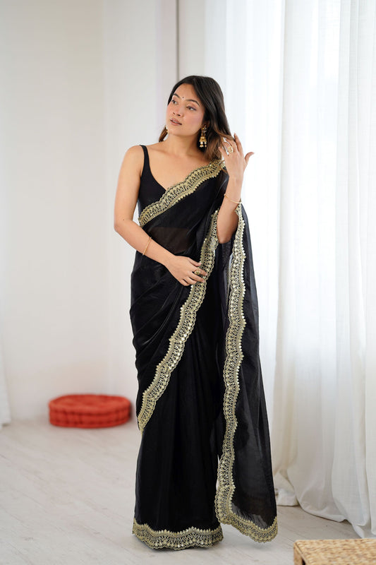 Black Net Saree Heavy Gold Embroidered Border Designer Saree