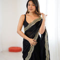 Black Net Saree Heavy Gold Embroidered Border Designer Saree