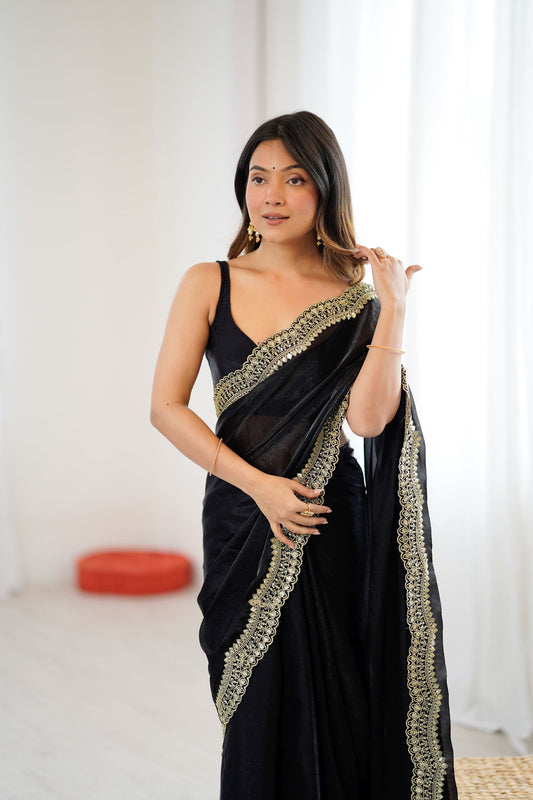 Black Net Saree Heavy Gold Embroidered Border Designer Saree