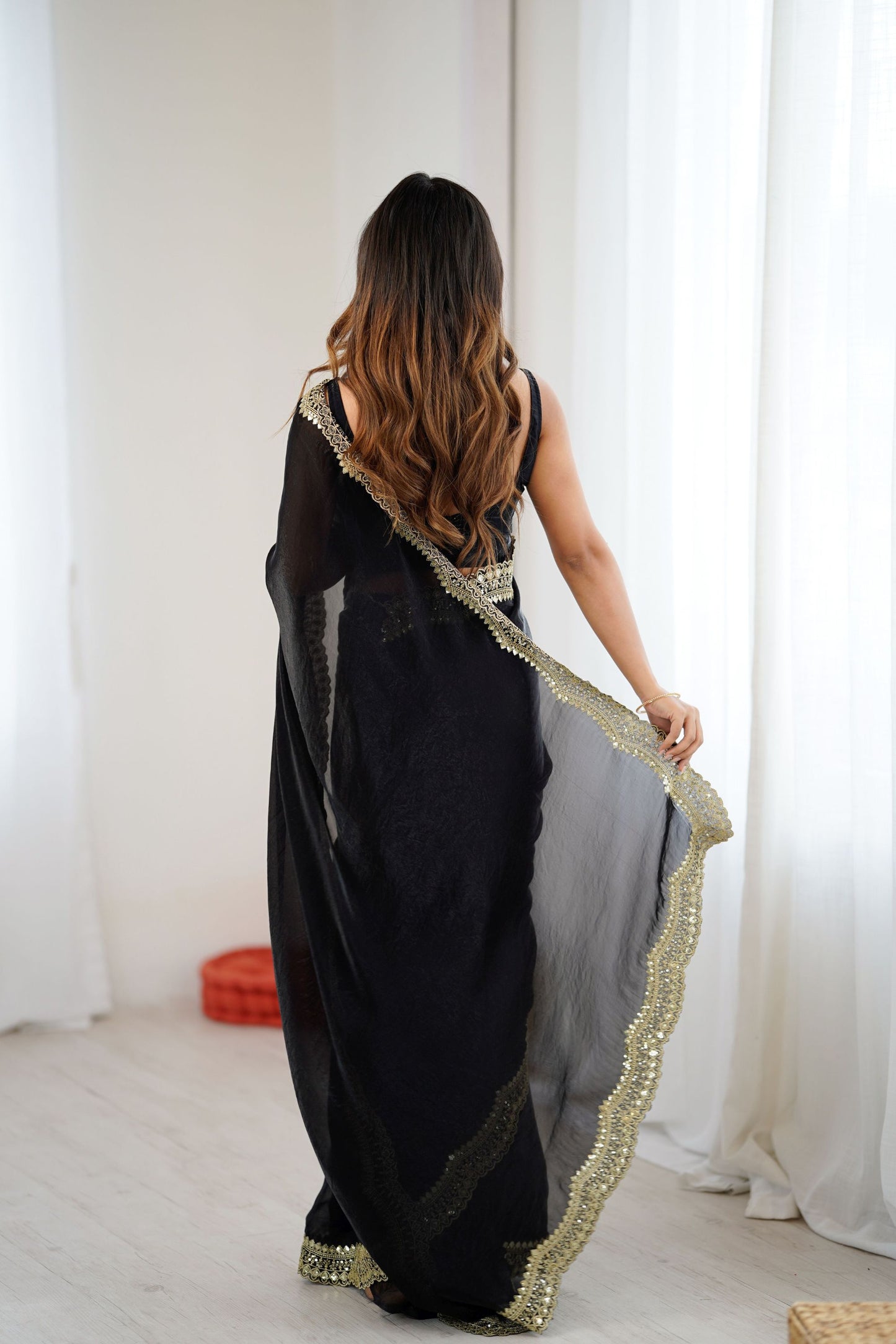 Black Net Saree Heavy Gold Embroidered Border Designer Saree