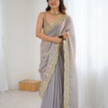 Grey Tissue Silk Saree Gold Embroidered Border Designer Saree 