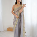 Grey Tissue Silk Saree Gold Embroidered Border Designer Saree