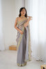 Grey Tissue Silk Saree Gold Embroidered Border Designer Saree