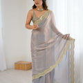 Grey Tissue Silk Saree Gold Embroidered Border Designer Saree