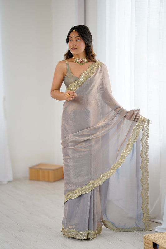 Grey Tissue Silk Saree Gold Embroidered Border Designer Saree