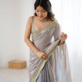 Grey Tissue Silk Saree Gold Embroidered Border Designer Saree