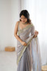 Grey Tissue Silk Saree Gold Embroidered Border Designer Saree