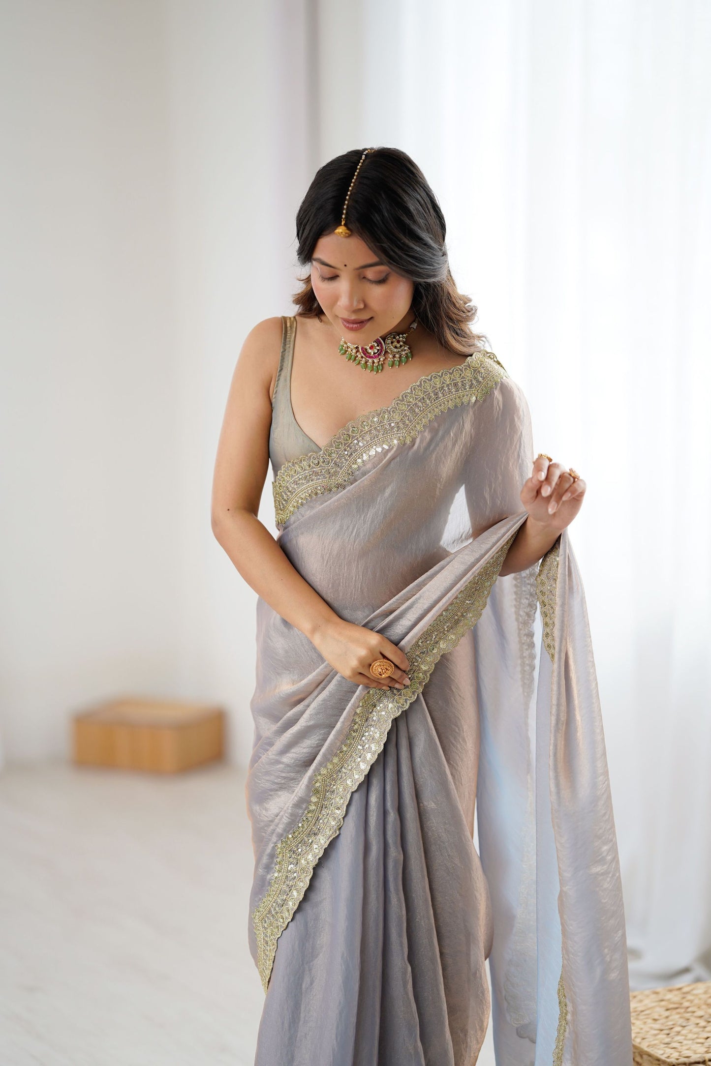 Grey Tissue Silk Saree Gold Embroidered Border Designer Saree