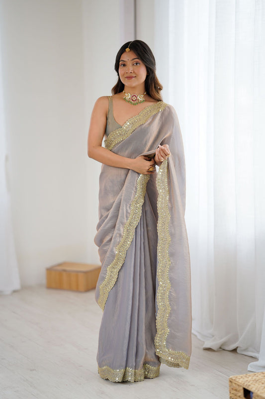 Grey Tissue Silk Saree Gold Embroidered Border Designer Saree 