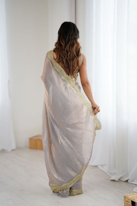 Grey Tissue Silk Saree Gold Embroidered Border Designer Saree
