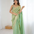 Pista Green Tissue Silk Saree Gold Embroidered Border Designer Saree