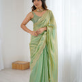 Pista Green Tissue Silk Saree Gold Embroidered Border Designer Saree