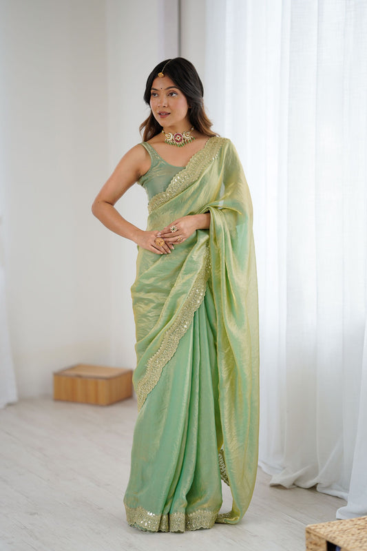 Pista Green Tissue Silk Saree Gold Embroidered Border Designer Saree