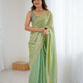 Pista Green Tissue Silk Saree Gold Embroidered Border Designer Saree