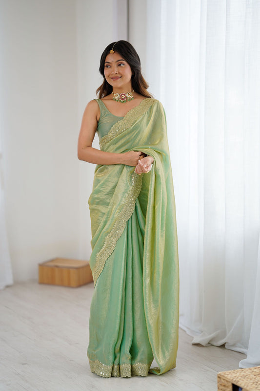 Pista Green Tissue Silk Saree Gold Embroidered Border Designer Saree