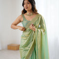 Pista Green Tissue Silk Saree Gold Embroidered Border Designer Saree