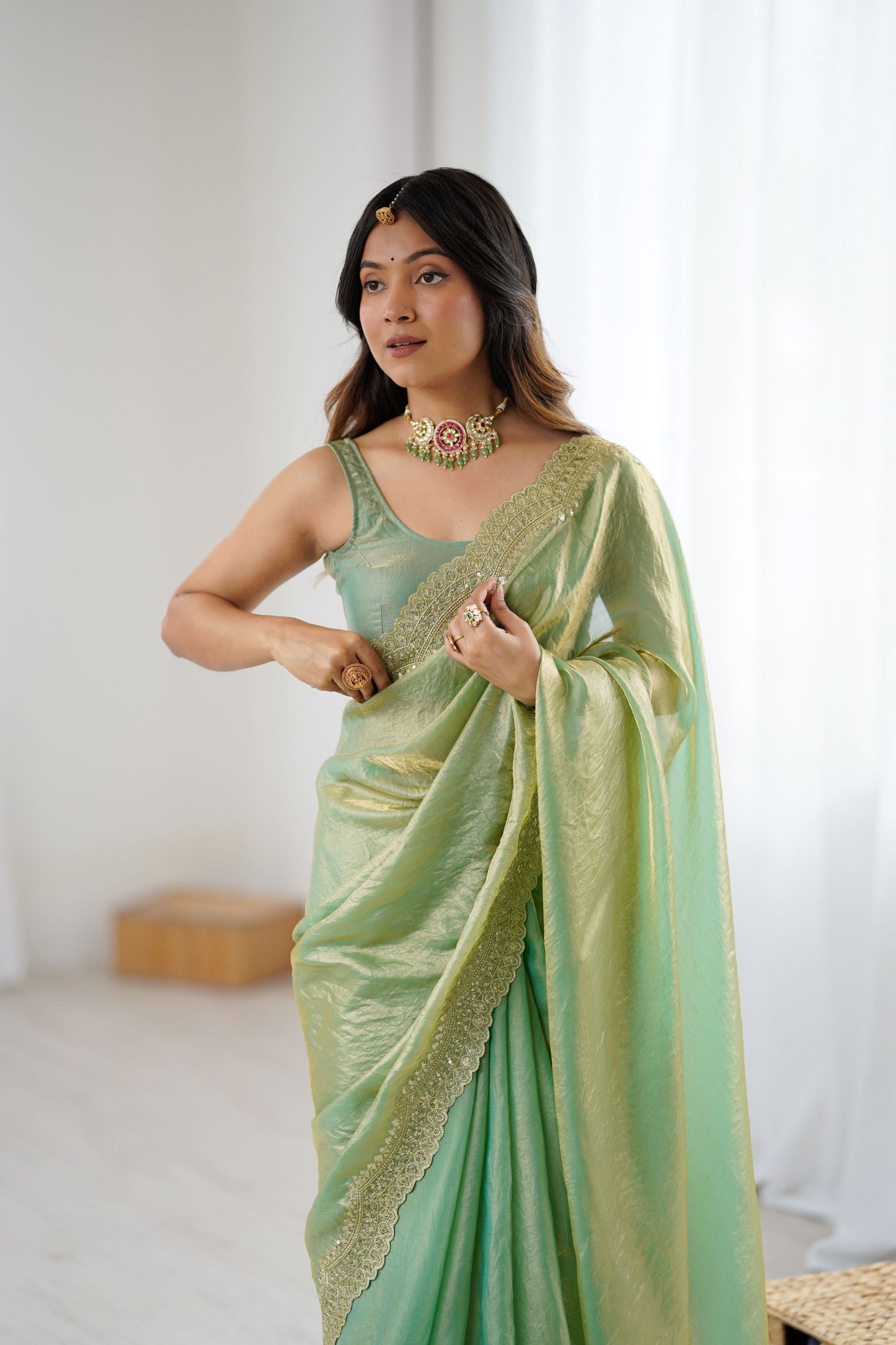 Pista Green Tissue Silk Saree Gold Embroidered Border Designer Saree