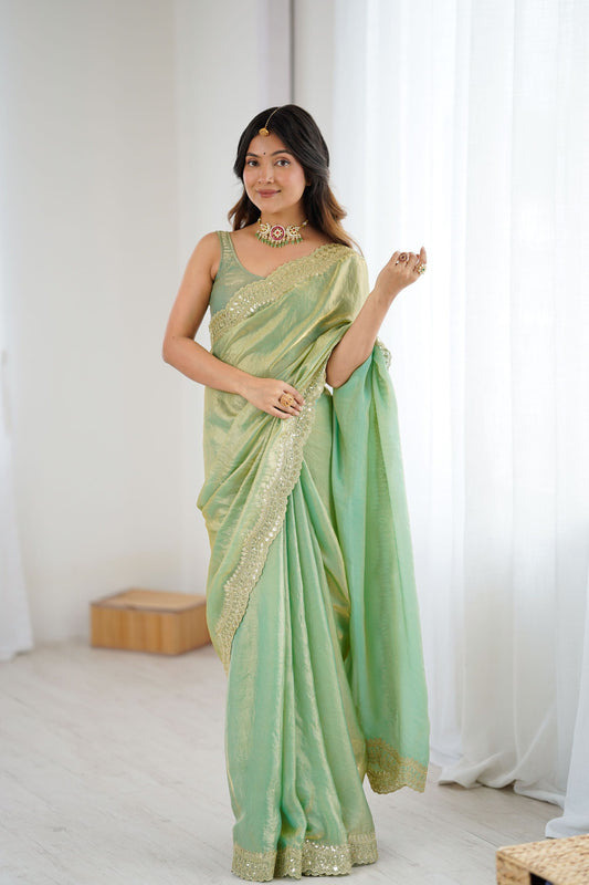 Pista Green Tissue Silk Saree Gold Embroidered Border Designer Saree