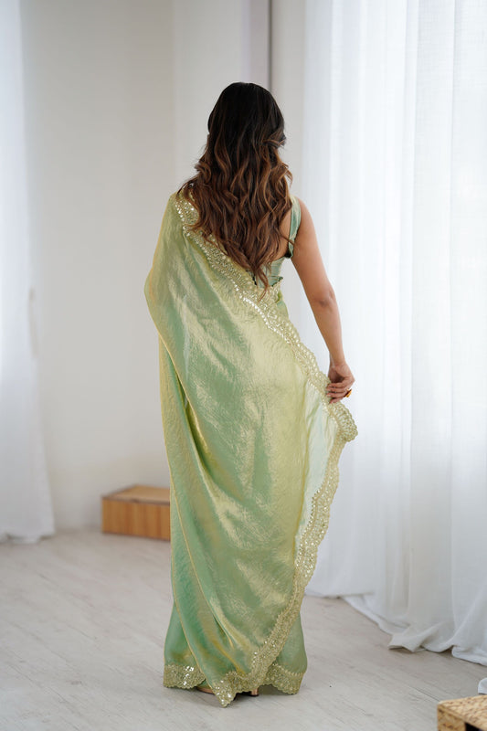 Pista Green Tissue Silk Saree Gold Embroidered Border Designer Saree