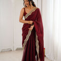  Wine Maroon Tissue Silk Saree Gold Embroidered Border Designer Saree 