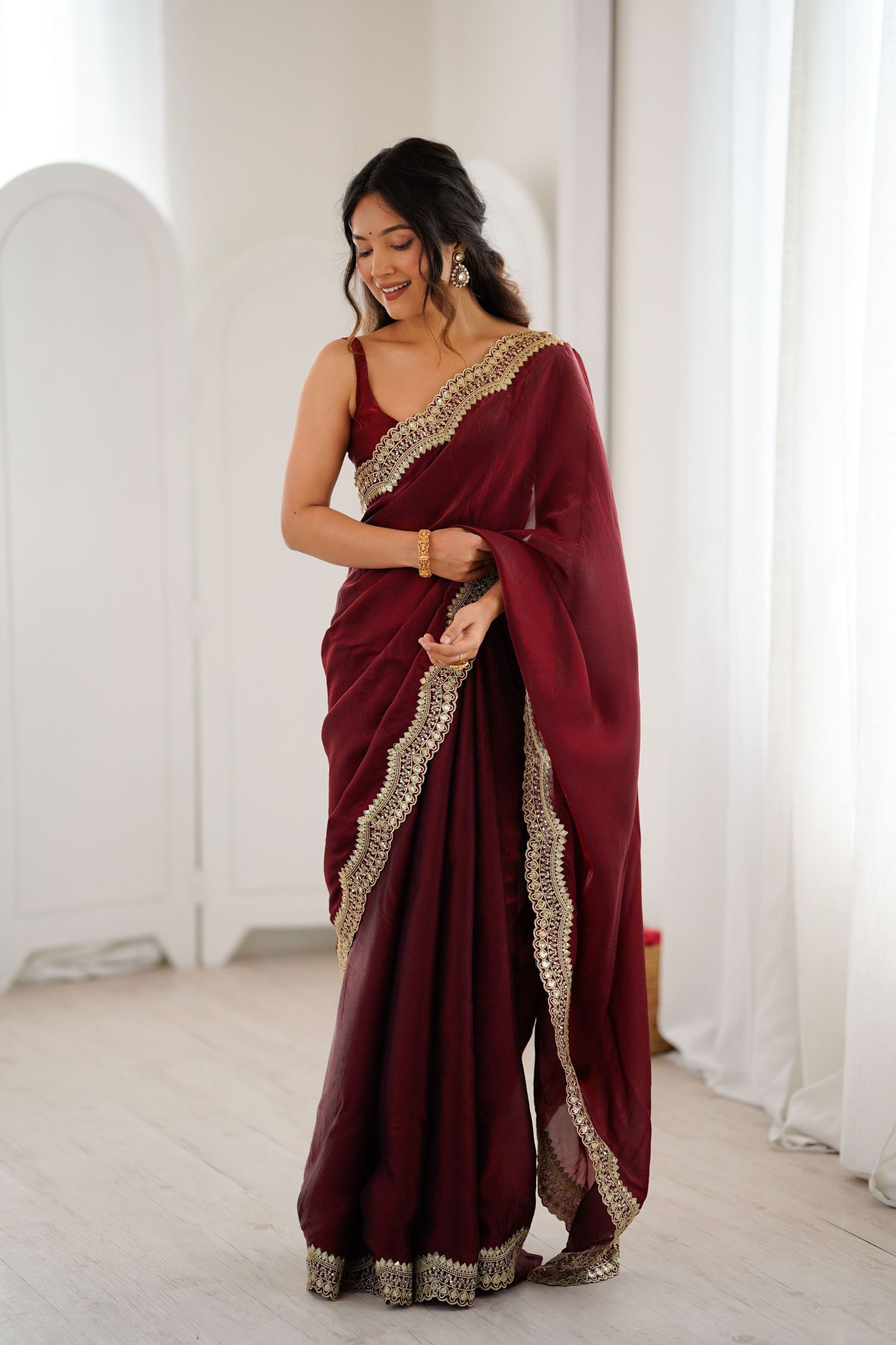  Wine Maroon Tissue Silk Saree Gold Embroidered Border Designer Saree 